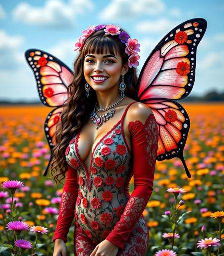 A picture of an ***** woman with a joyful expression,  looking directly at the viewer. The woman is standing alone in a vi...