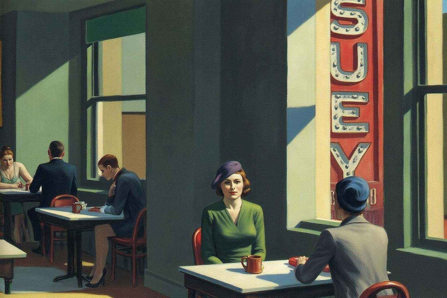 edwardhopper1 painting. A scene inside a restaurant with large windows. Several people are seated at tables,  engaged in c...