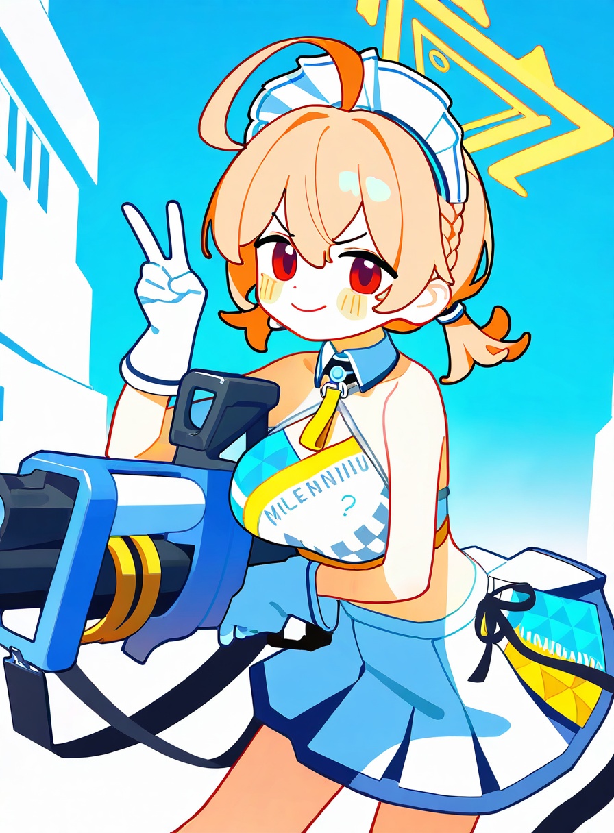 1girl, tianliang duohe fangdongye,kotori \(cheer squad\) \(blue archive\), blue archive, blonde hair, breasts, halo, twintails, ahoge, short twintails, red eyes, braid, large breasts, yellow halo, hair between eyes, short hair, armored collar, looking at viewer, skirt, ribbon, spiked gauntlets, maid headdress, gun, black ribbon, plasma rifle, energy gun, orange hair, smile, holding, holding weapon, armor, white skirt, maid, blush, v, blue armor, holding gun, alternate costume, hair ribbon, weapon, closed mouth, solo, shotgun,masterpiece, newest, absurdres, safe