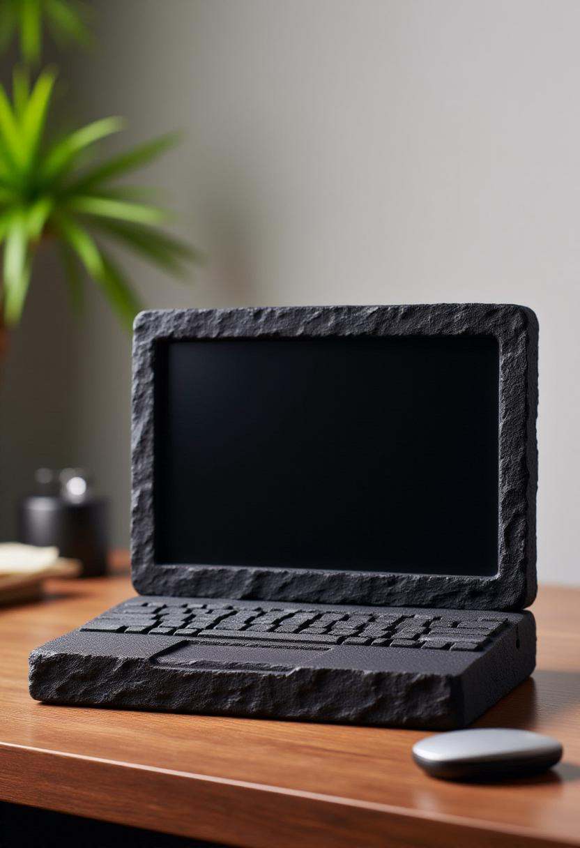 The image is a photograph of a detailed coal statue of a laptop,  sitting on an office desk. on Tensor.Art