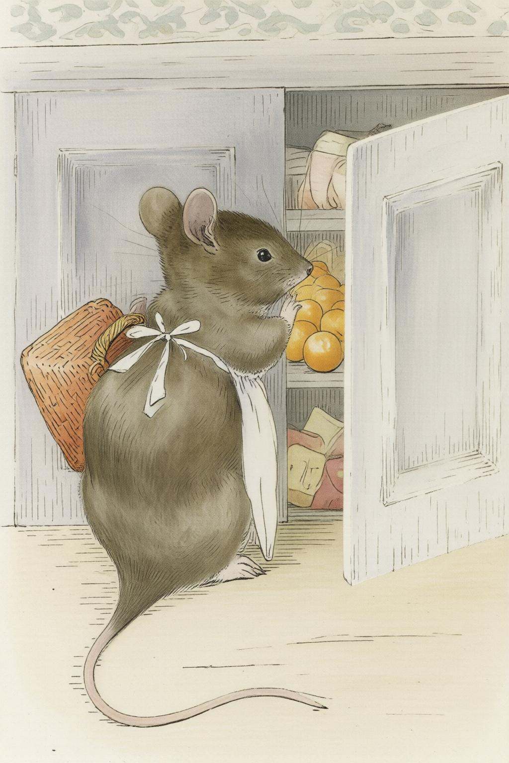 beatrixpotter2q illustration.An anthropomorphic mouse,  its back to the viewer,  stands upright in a kitchen. It wears a w...