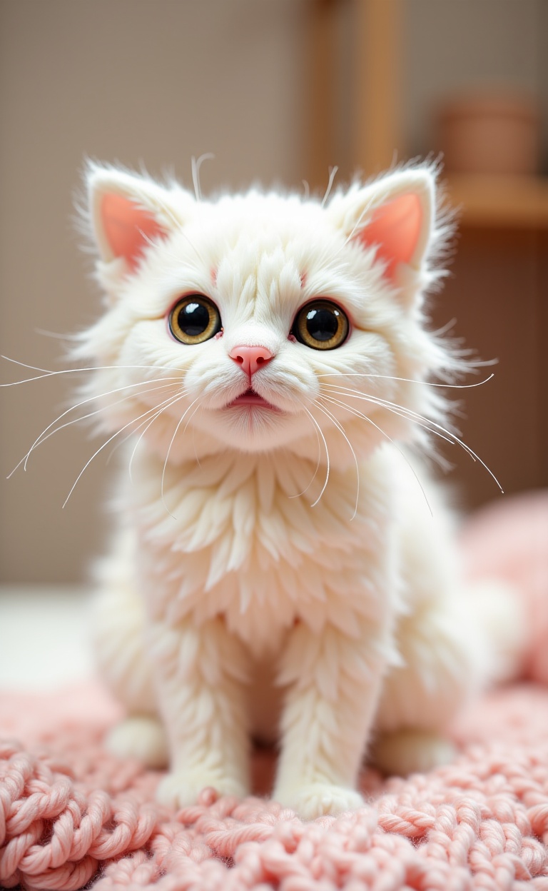 miluo_maoxian，A fluffy, white cat with a surprised expression and pink whiskers.，<lora:miluo丨画了个毛线v1.6:1>knitting wool