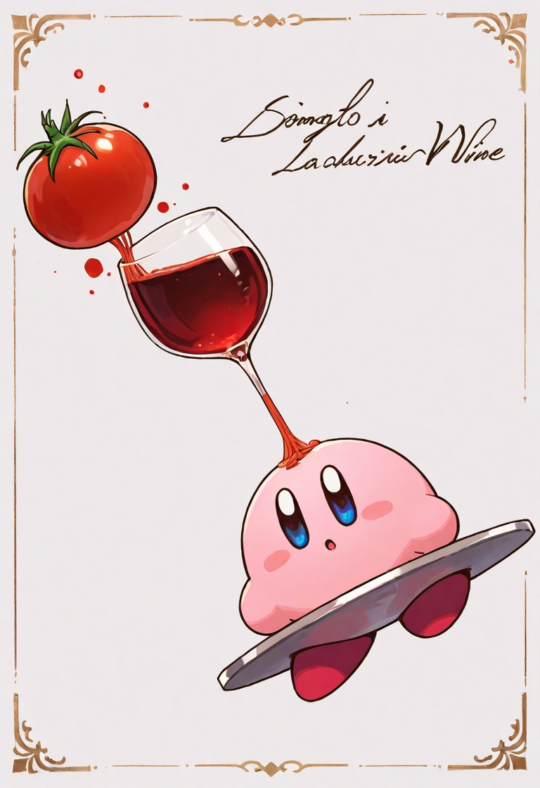 dynamic dutch angle,  Kirby balancing wine_glass_stack,  spaghetti_shoes on Tensor.Art