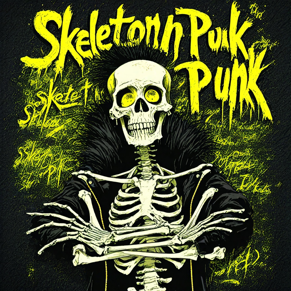 skeleton punk,  skeleton,  featuring a skeletal figure with a punk rock aesthetic. The background is a vivid on Tensor.Art