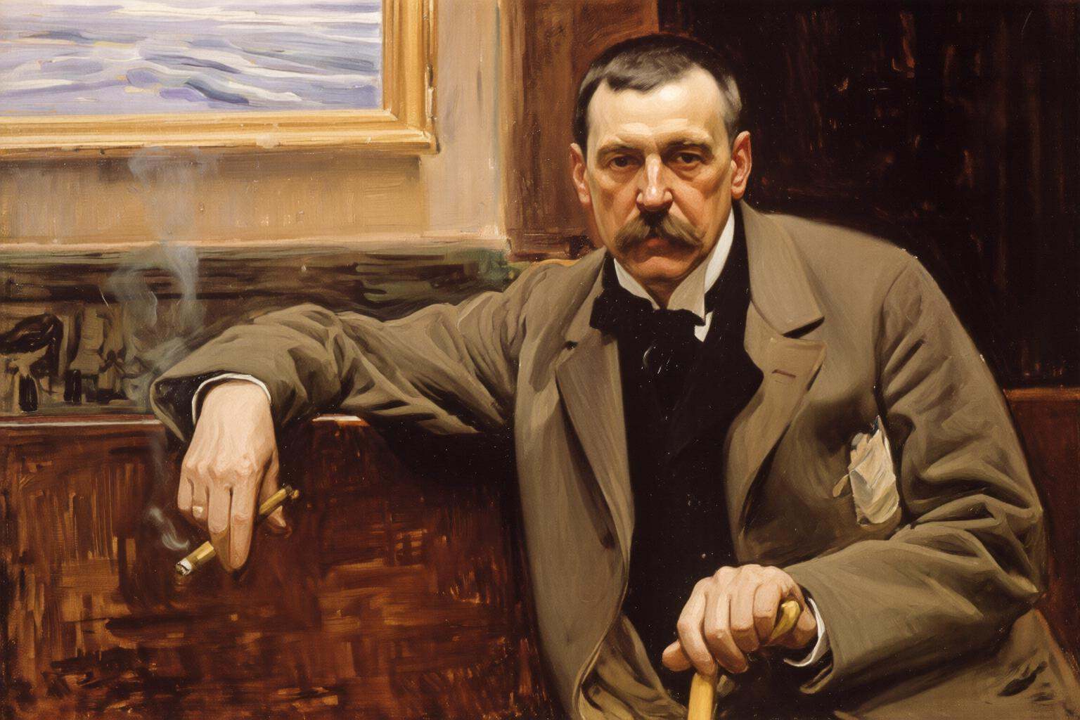 joaquinsorolla3q painting.A middle-aged,  mustacheod man with short hair,  dressed in a formal suit sits on a long wooden...