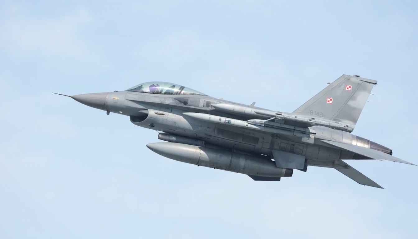 polishF16. The image is a high-resolution photograph of a military jet aircraft,  specifically a F-16 Fighting Falcon,  ca...