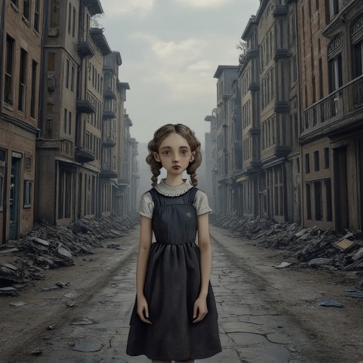 dark and gloomy children's book Artwork illustration of Gerda. She is standing in the street of post-war Berlin in 1949. D...