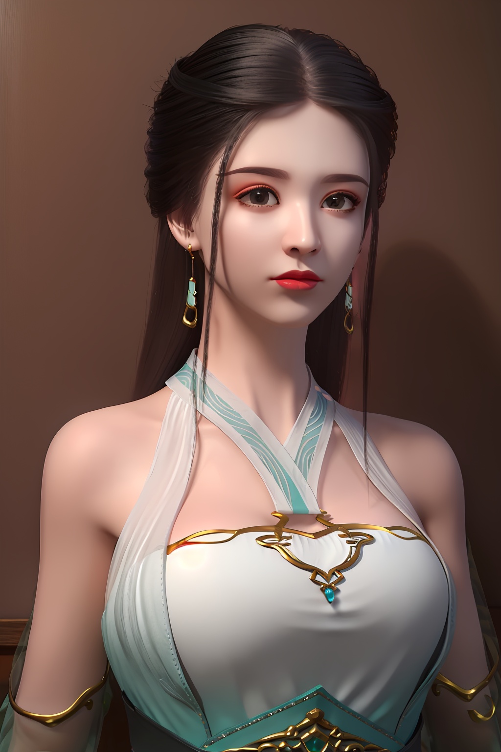 3D,masterpiece,(best quality),(makeup),official art, extremely detailed cg 8k wallpaper,((crystalstexture skin)), (extremely delicate and beautiful),(highly detailed),(face),(gold_trim),(collar),(1girl), (solo), (jewelry), (earrings),(black_hair),(long_hair),(hair_ornament),(handwear),(breasts),,((upper_body)),(bare_shoulders),(closed_mouth),(off-shoulder_dress),(shiny_clothes),(city,indoor),,((looking_at_viewer)),((Facing the camera)),, <lora:hipoly3DModelLora_v10:0.3>