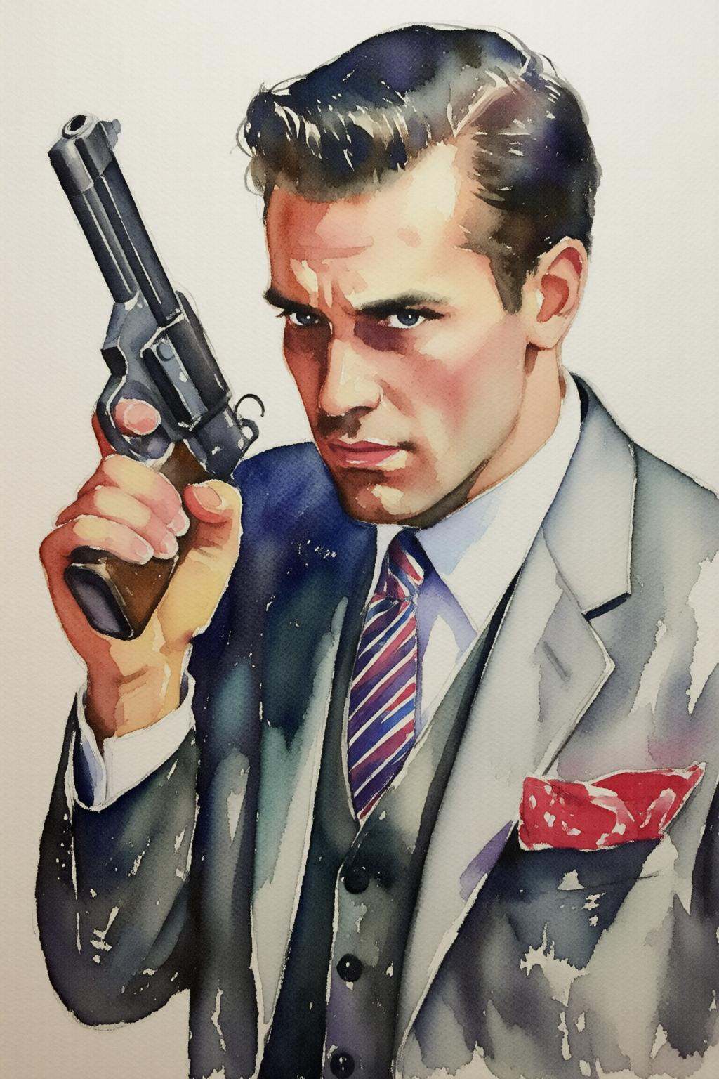 watercolorbasic2q watercolor painting.High angle view of a man with slick back hair,  holding a gun. He is dressed in a fo...