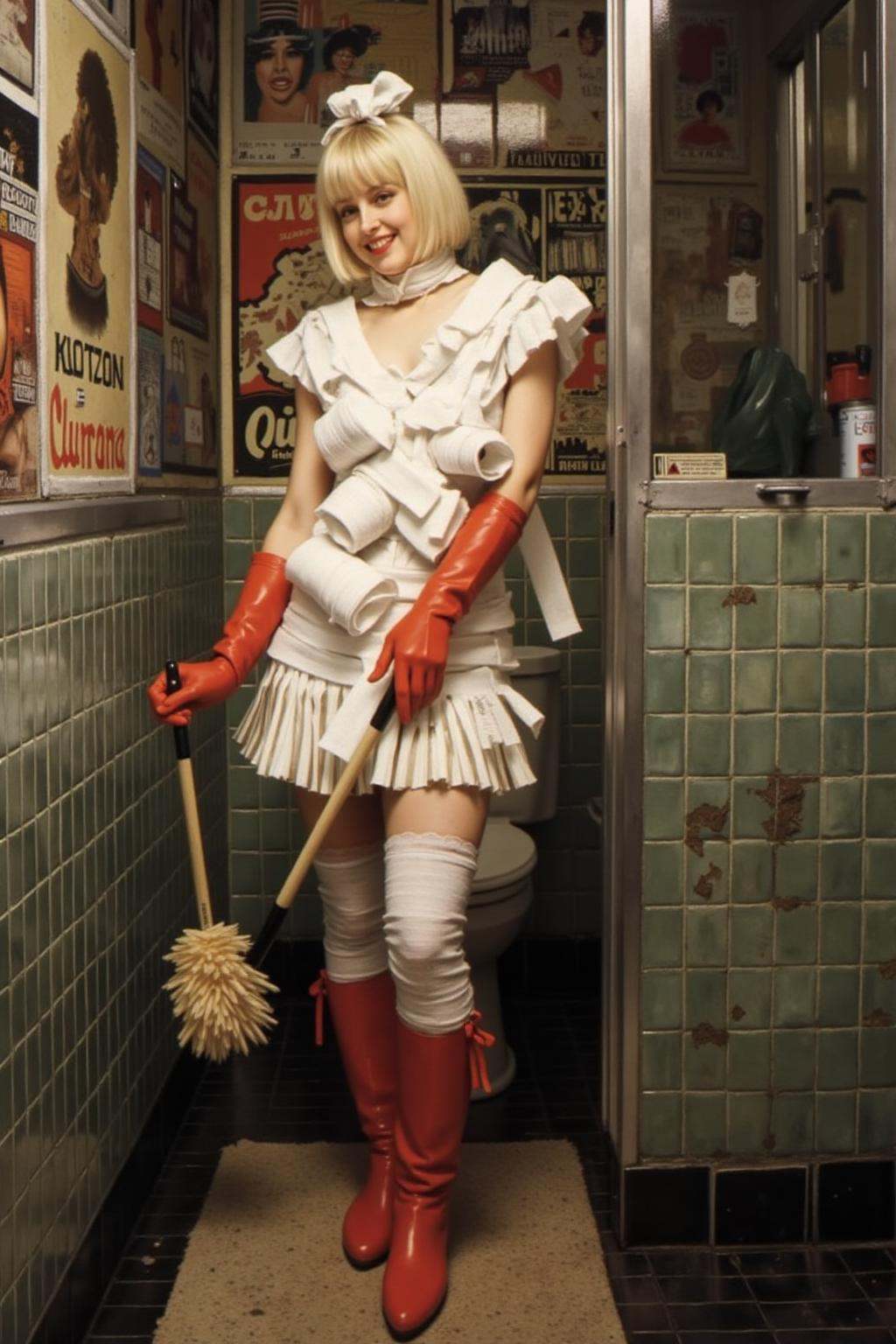 jati1 paintinglautrec1 paintingA slim Swedish woman stands confidently in a small,  dingy restroom. She platinum blonde bo...