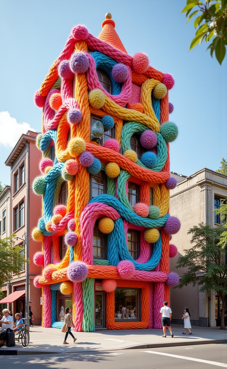 miluo_maoxian，There is a building woven with yarn in the city. Colorful Tathagata come to the world of communication. Sunshine, depth of field. Commercial photography, high-end texture. Mist, floating dust<lora:miluo丨画了个毛线v1.6:1>knitting wool