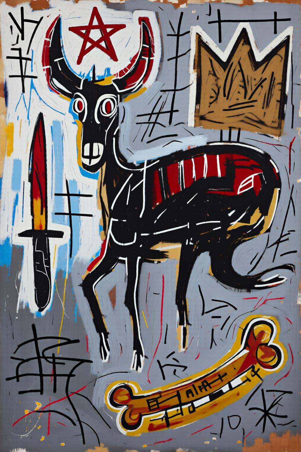 jeanmichelbasquiat2q painting.A deer with a black body,  exaggerated features,  and a red and white striped torso. Its hea...
