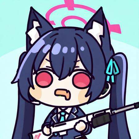 masterpiece,best quality,<lora:drooling_ill-xl-000002:1>,chibi,drooling,mouth drool,upper body,open mouth,1girl, serika_\(blue_archive\), bike_shorts, animal_ears, halo, solo, cat_ears, twintails, red_eyes, school_uniform, rifle, fang, headset, holding, jacket,long_hair, skirt, shorts, necktie, black_shorts, earpiece, animal_ear_fluff,