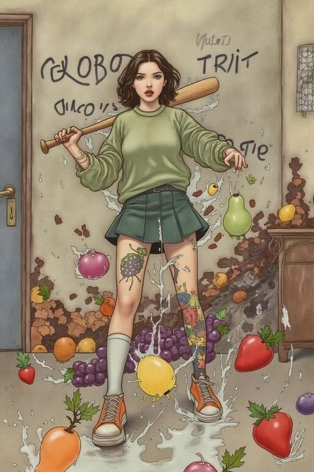 charob1 illustration.full body,  liquid splash,  cartoonish juicy fruits chaos on Tensor.Art
