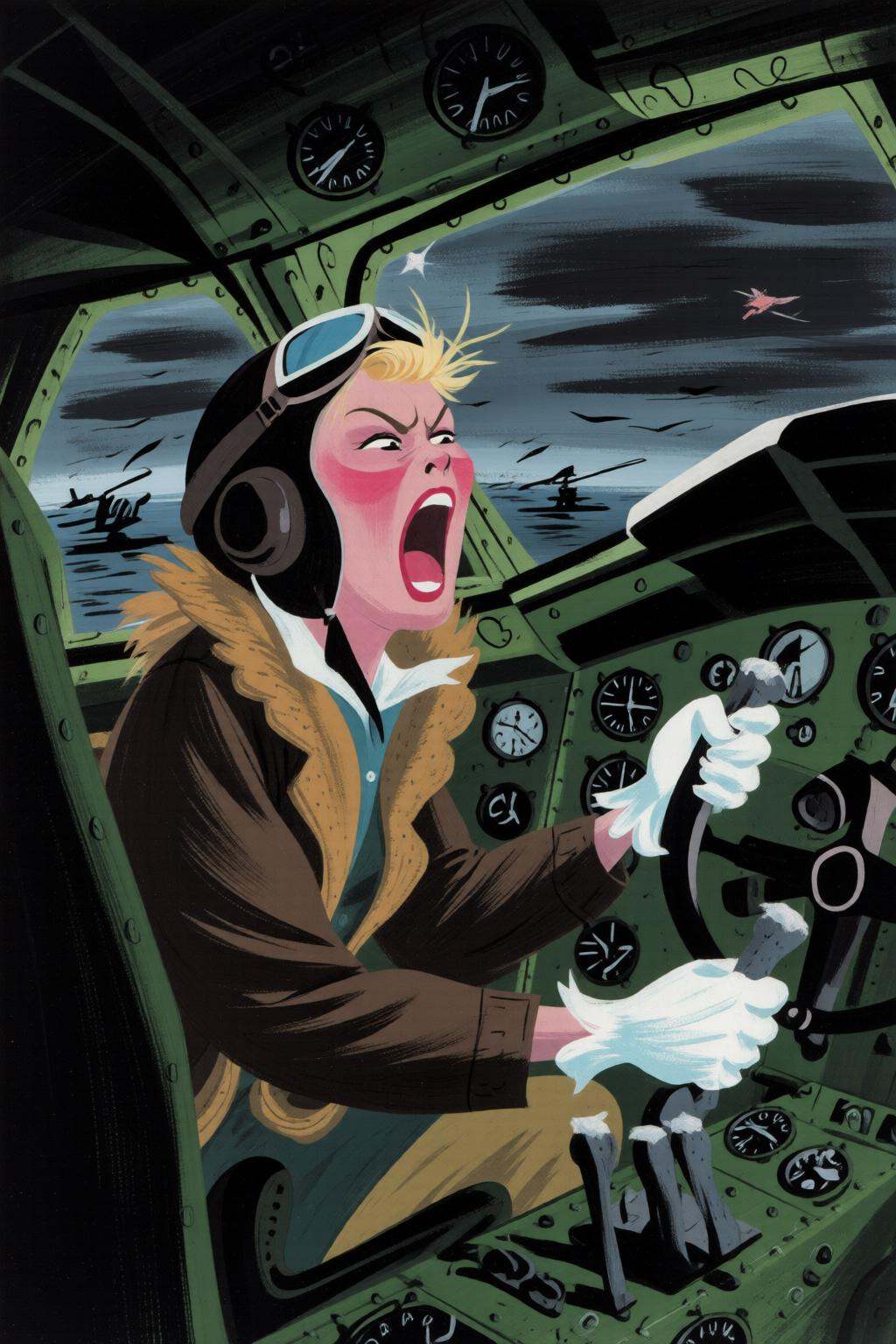 maryblair4q illustrationA female pilot screaming inside the cockpit of a World War II bomber. The pilot,  wearing a vintag...