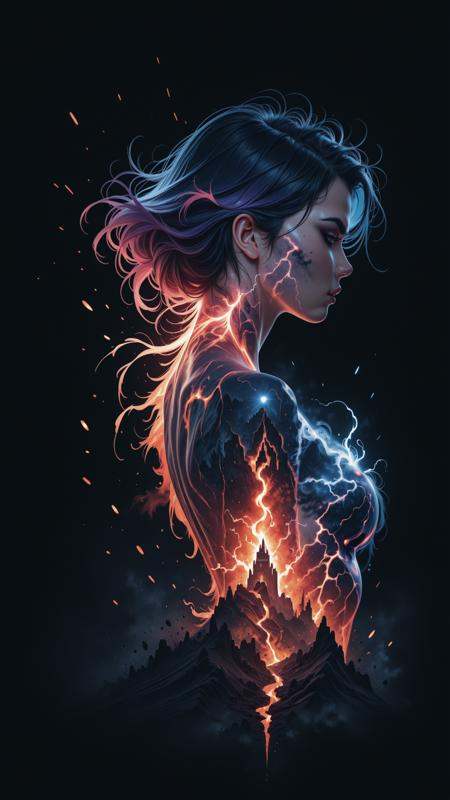 Jeddbleil,  double exposure,  Merge flames and embers within the silhouette of a woman on Tensor.Art