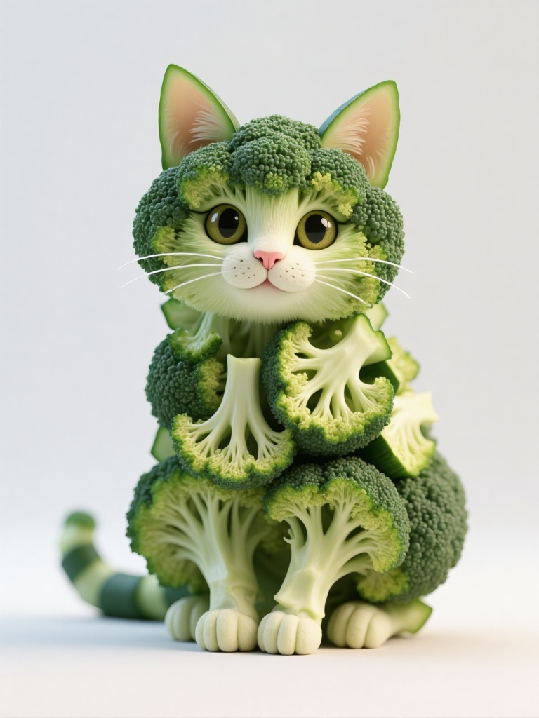 wgsc,  a whimsical,  stylized cat composed entirely of various vegetablesThe cat's body is made up of broccoli florets on...
