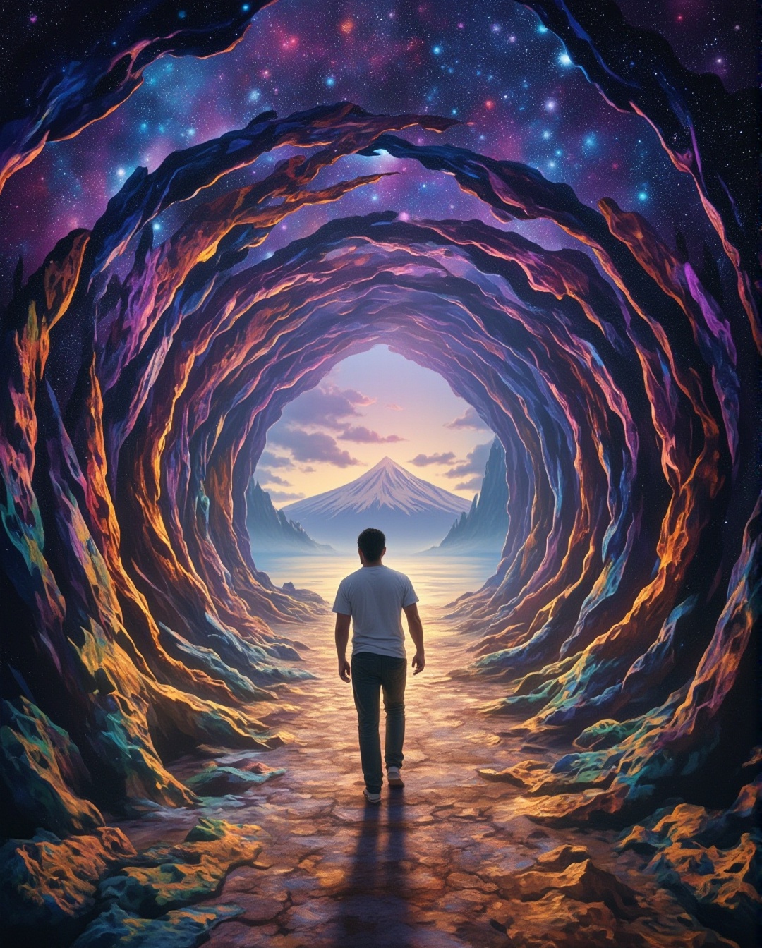 painting of a man walking through a tunnel in space time,  swirls and glimpses of other places and dimensions,  with a mou...