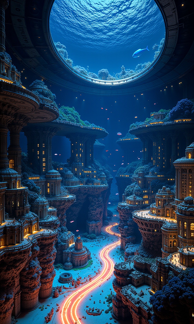 It’s a surreal depiction of a sunken metropolis,  sitting beneath the ocean,  surrounded by a giant glass dome with buildi...