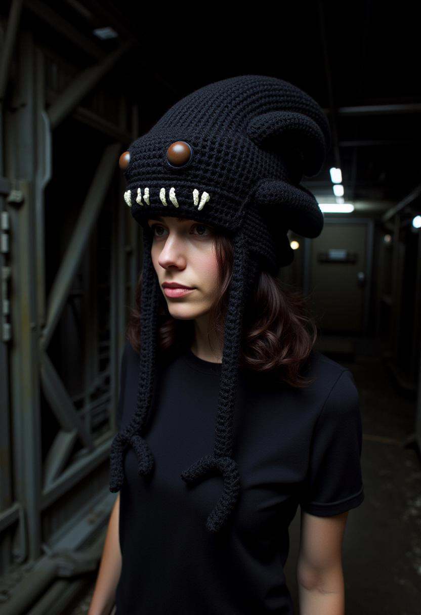 The image is a photograph featuring Ripley from Aliens wearing a creative,  crocheted hat that resembles a black xenomorph...
