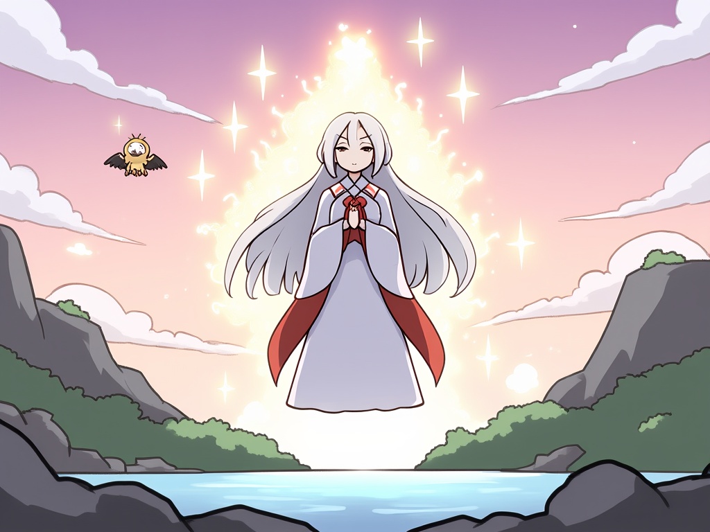 (masterpiece:1.2),(extremely detailed:1.2),(best quality:1.2),(high quality:1.2),(official art:1.2),jbh,<lora:简笔画-智灵-9:0.8>,Anime-style drawing,A digital illustration in a cartoon style features a serene, mystical scene. The central figure is a floating, ghostly woman with long, flowing silver hair, wearing a white and red kimono with a red sash. She has a peaceful expression and is surrounded by a radiant, golden aura with star-like sparks emanating from her head. Her hands are clasped in front of her chest, and she appears to be floating above a body of water, with a mountain and lush greenery in the background. To the left, a small, yellow bird-like creature with a white face and black wings is flying towards her. The sky is a gradient of pink and purple, with fluffy white clouds. The lighting is soft and warm, creating a tranquil and otherworldly atmosphere. The camera angle is slightly below eye level, looking up at the woman.