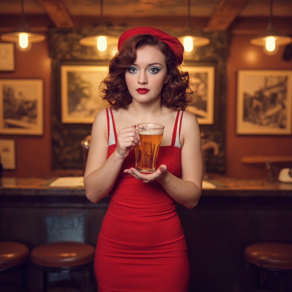 A vivid illustration depicts olivia_cooke in a retro setting,  likely a bar or restaurant. She wears a red dress with a wh...