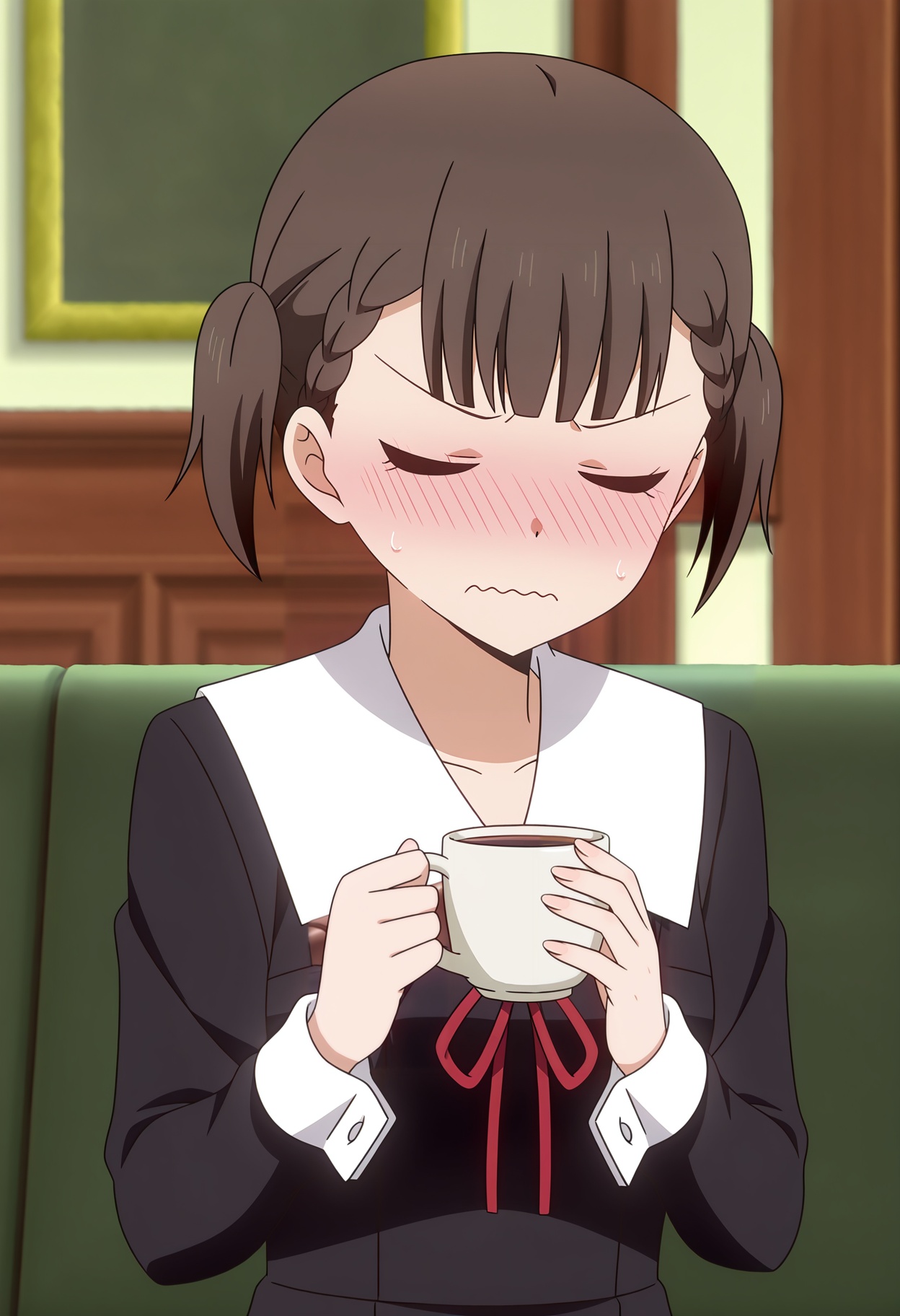 <lora:Shijiyou Maki_illustrious-000020:1>,1girl,solo,Shijiyou Maki,cup,solo,school uniform,>_<,holding,blush,wavy mouth,red ribbon,neck ribbon,holding cup,closed eyes,closed mouth,black dress,ribbon,dress,indoors,upper body,long sleeves,nose blush,braid,couch,facing viewer,shirt,parody,blurry background,anime screencap,