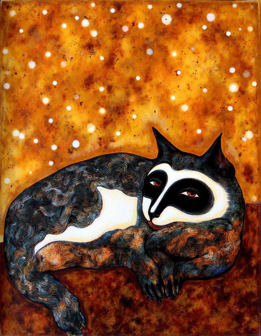A modern painting abstract style by Victor Tkachenko. A painting featuring a surrealistic style,  featuring a stylized dep...
