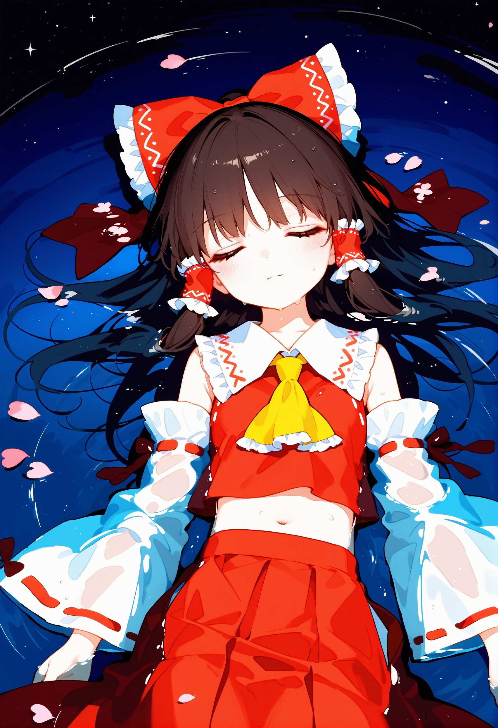 loli,1girl,hakurei reimu,solo,bow,hair tubes,detached sleeves,hair bow,afloat,skirt,long hair,star (sky),navel,brown hair,lying,water,wide sleeves,midriff,on back,ascot,ribbon trim,starry sky,night,red bow,ribbon-trimmed sleeves,lying on water,ribbon-trimmed skirt,ripples,partially submerged,closed eyes,sky,reflection,long sleeves,frills,red skirt,shirt,night sky,skirt set,ribbon,petals,frilled skirt,black hair,brown eyes,from above,embellished costume,looking at viewer,bare shoulders,crop top,frilled bow,frilled shirt collar,space,wet,wet clothes,smile,expressionless,hair ribbon,miko,nontraditional miko,floating hair,long skirt,