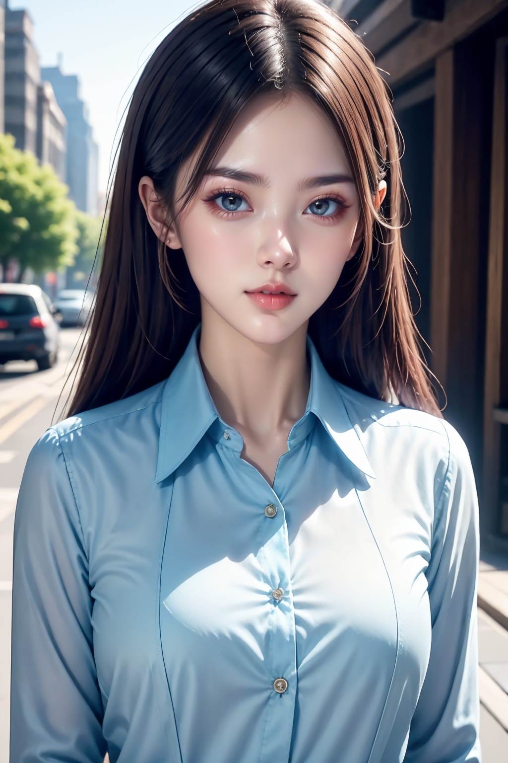 1girl,upper body,blue collared shirt,