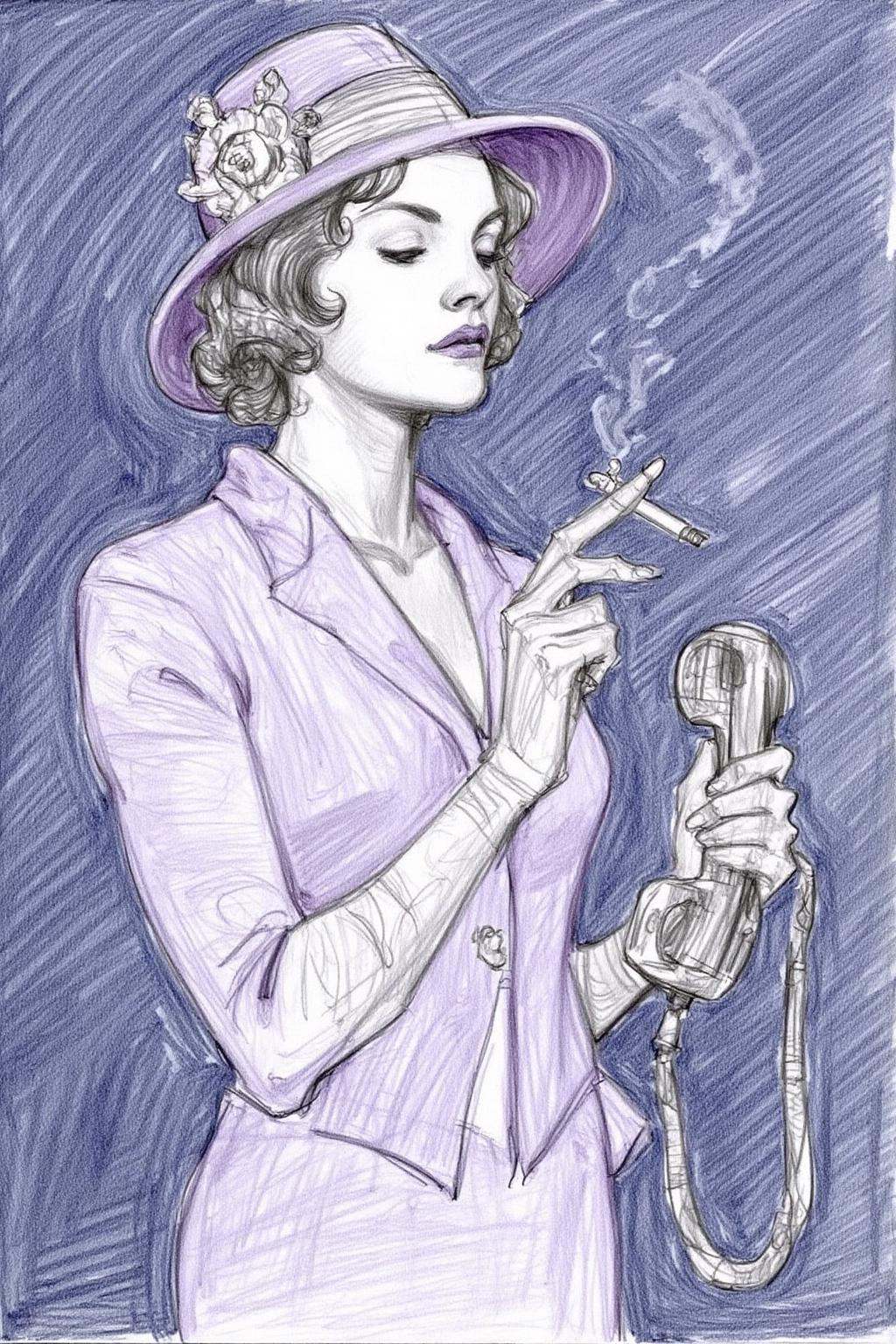 Pencil sketch.A woman wearing a vintage 1920's hat and holding a cigarette in one hand and a telephone receiver in the oth...