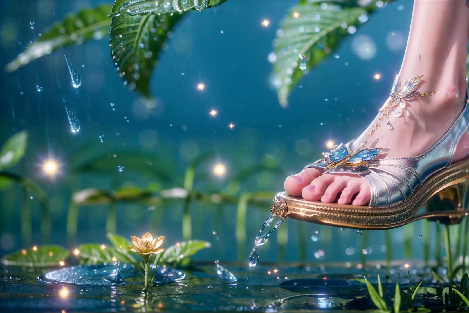 ((lower body)),((foot focus)),(close-up),feet,toes,toenails,jewelry,sandals,high heels,outdoors,flower,on water,((rain)),water drop,(night),(glowing little butterfly),(glowing particles,sparkle),fireflies,shiny,blurry,Highly detailed,(ultra-detailed),(best quality,masterpiece:1.5),<lora:20240928-1727465731121:0.75>,<lora:细节调整:1>,