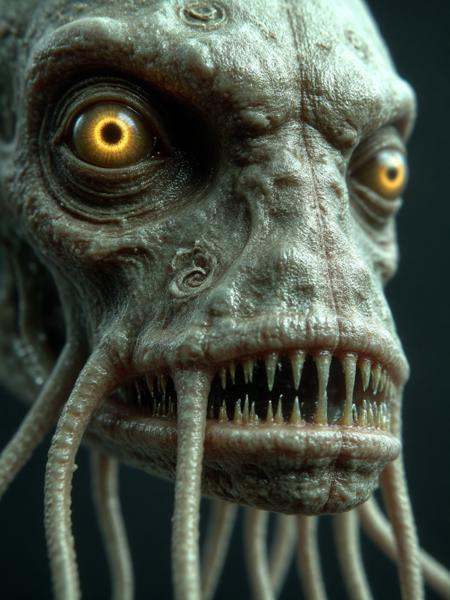 Real Horror Style,  A detailed close - up of a Cthulhu - **** creature's face. Its large,  bulging eyes are a deep on Tens...