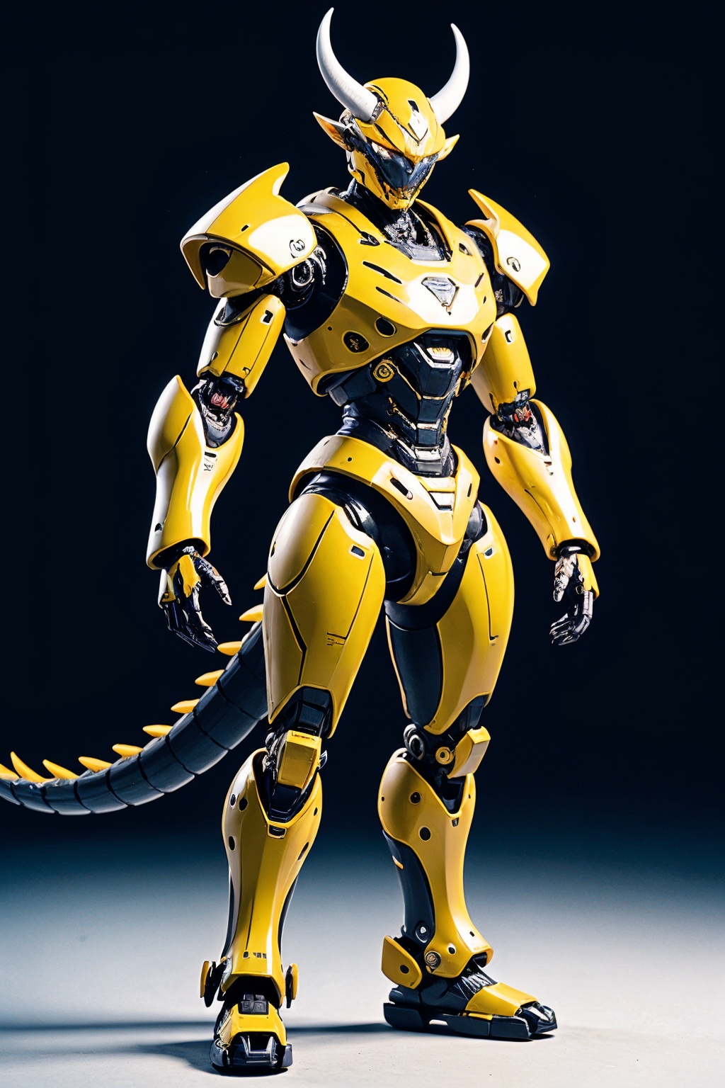 robot, mechanization, mecha, no humans, standing, white background, science fiction, solo, tail, simple background, horns, full body, non-humanoid robot, shadow, armor, claws, arms at sides, black eyes, robot joints, scales, dragon