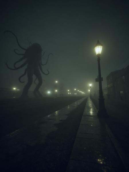 Real Horror Style,  A deserted city street at night,  with a thick fog rolling in. The streetlights flicker and buzz on Te...