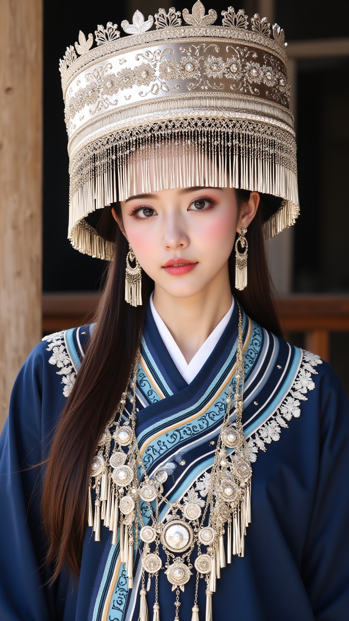 (masterpiece, best quality:1.2),1girl,Chinese Yi ethnic clothing,Silver metal headwear, brown eyes, earrings, hat, jewelry,Yi ethnic metal jewelry,A huge metal hat,Headwear metal tassels,Silver metal hat, lace, lace trim, lips, long hair, looking at viewer, parted lips, solo, upper body