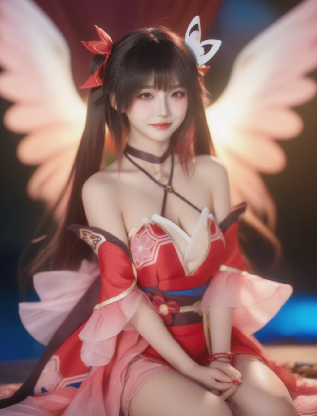 <lora:花火-000008:0.7>,huohua in a red kimono holds a white and red mask.,red dress of flower fire,breasts,looking at viewer,cleavage,bare shoulders,detached sleeves,choker,mole,sash,mole under eye,obi,mask on head,fox mask,Ultra-realistic 8k CG, masterpiece, best quality, (photorealistic:1.4), HDR, absurdres, Professional, RAW photo, lens flare, (film grain:1.1), Bokeh, ((Depth of field)), studio light, a woman in a dress with pink fairy wings on her back and a pink fairy wings on her back, 1girl, angel, angel_wings, bare_shoulders, brown_eyes, butterfly_wings, dress, fairy, fairy_wings, feathered_wings, grass, insect_wings, lips, looking_at_viewer, mini_wings, outdoors, plaid, plaid_dress, short_hair, sitting, sleeveless, sleeveless_dress, smile, solo, spread_wings, white_wings, wings. Highly detailed,Professional,extreme detail description;,