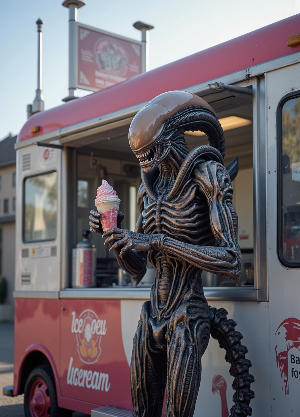 alien xenomorph is selling icecream in an icecream truck. he is the beloved attraction in the neighborhood on Tensor.Art