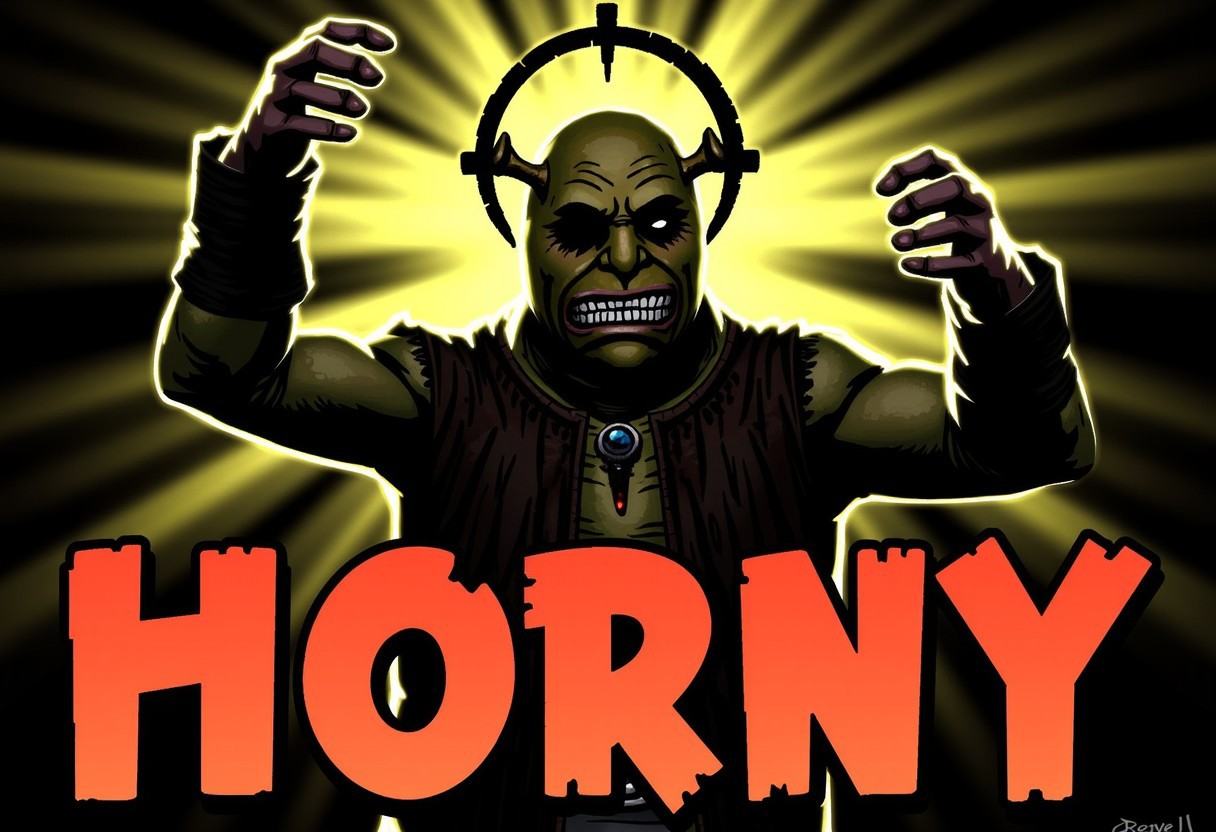 dark fantasy comic book style ilustration of a Shrek affliction crown appers around characters head.,  at the bottom of th...