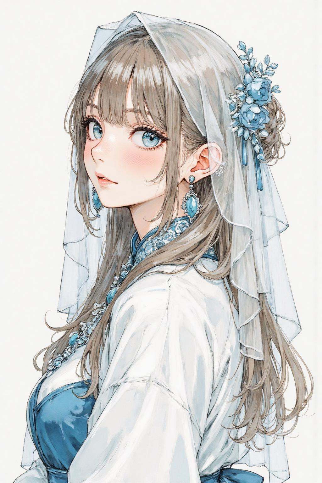 nijiwatercolor2 anime illustration.A woman with long,  flowing hair adorned with a delicate veil and a floral accessory is...