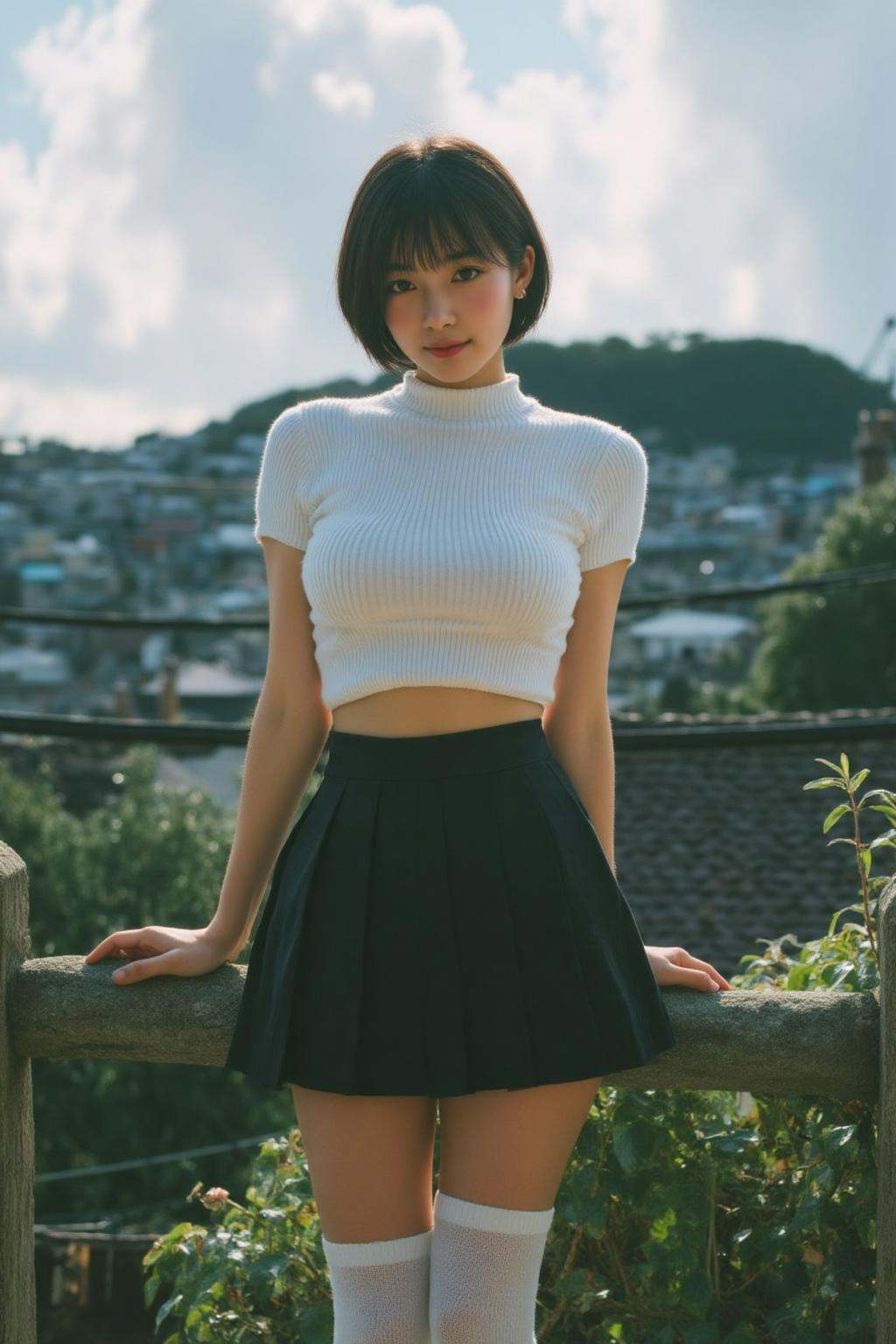 midjourney analog photograph. A cute 1980s Japanese teenager stands outdoors in rural Japan,  leaning against a wooden rai...