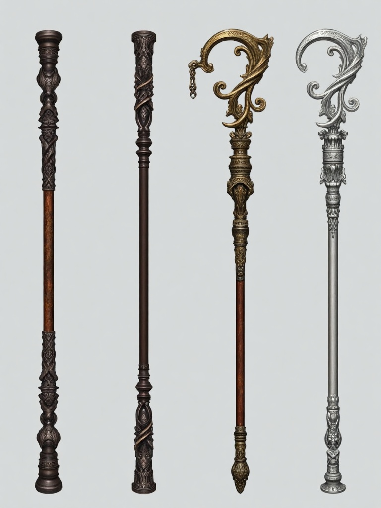 This is a digital rendering of four ornate,  intricately designed staffs with elaborate,  twisted metal and wood handles....