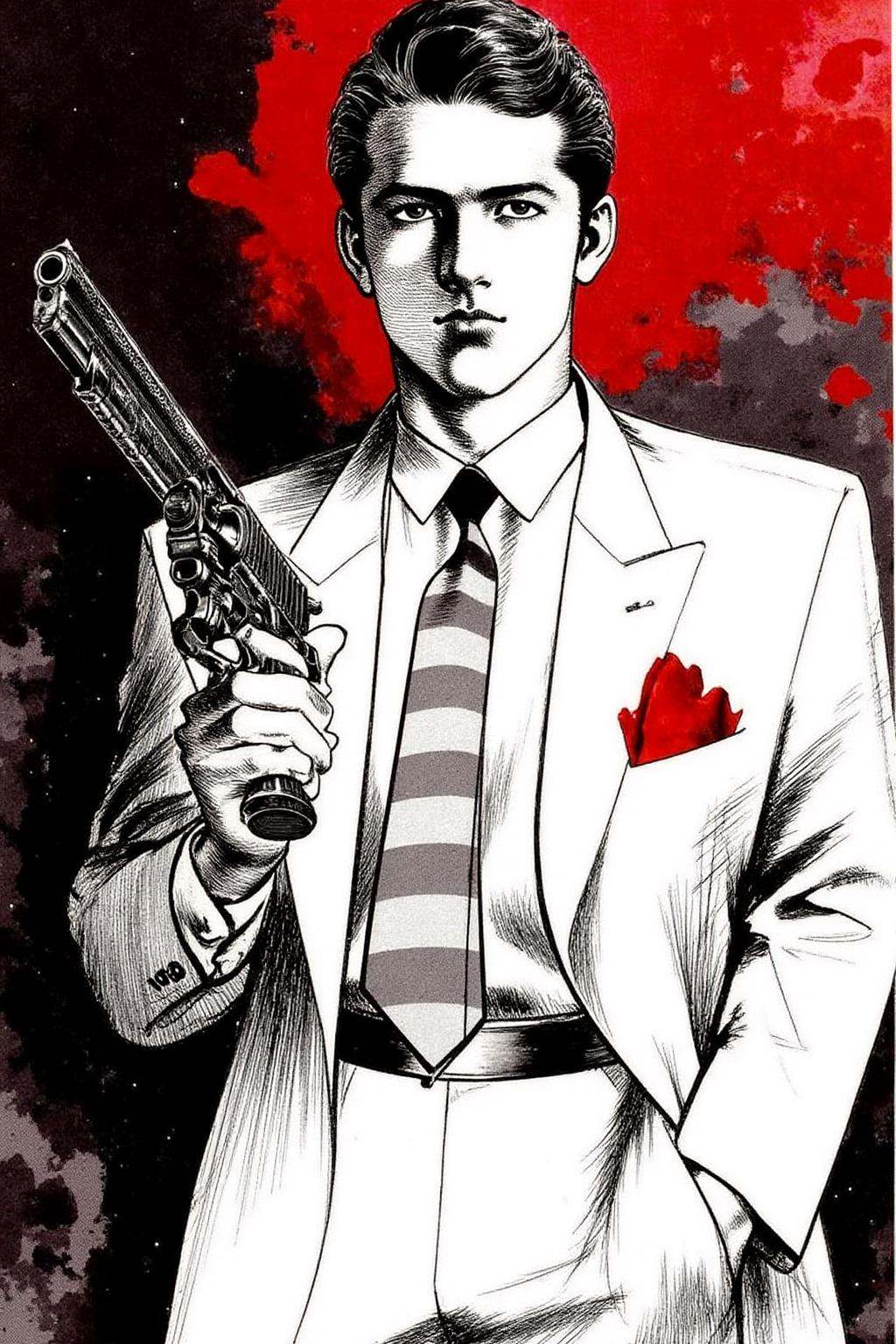 1keryo illustration. The image depicts a stylized illustration of a person holding a gun. The individual is dressed in a f...