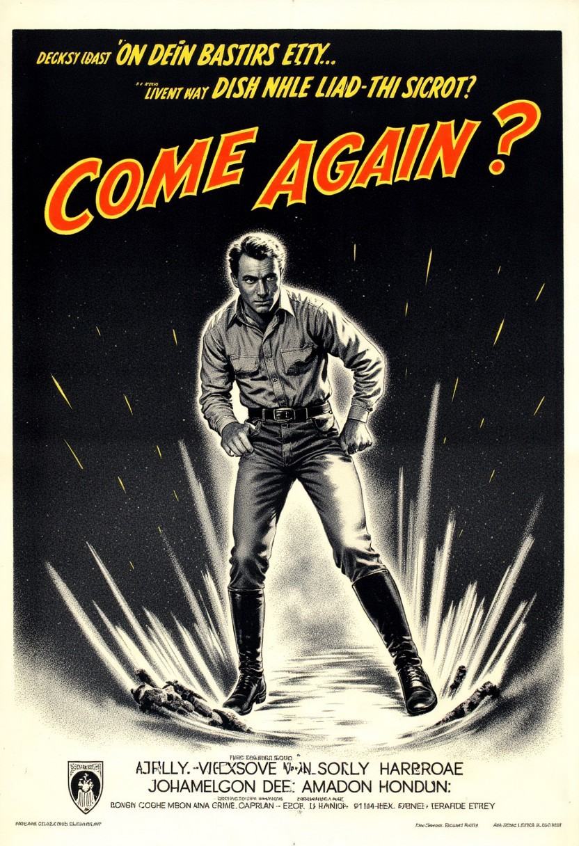 vintage movie poster for "Come Again?" ,  there is a black and white image of a man hidden by flames on Tensor.Art