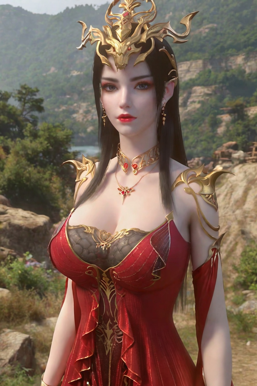 score_9,score_8_up,score_7_up,incredibly absurdres,<lora:SF_MeiDuShaHS_Pony-000005:0.7>,1girl,solo,red dress,large breasts,lips,jewelry,earring,long hair,looking at viewer,white background,landscape,