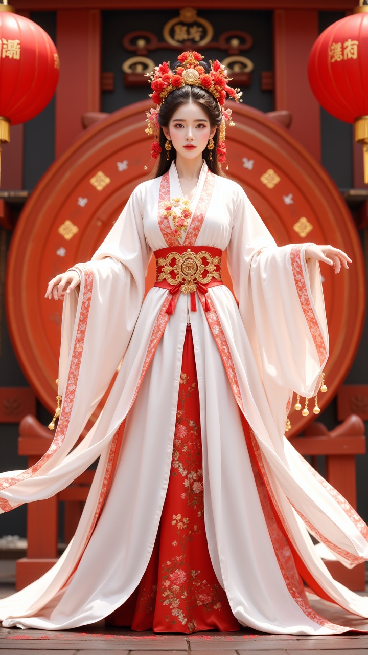 (masterpiece, best quality:1.2),1girl,Chinese New Year,Welcoming Spring Girl,Spring welcome clothing,Hanfu,Chinese knot,full body,Hands akimbo,Red Theme,Red flower headwear,White clothing,front,Metal bell,Backward circular structure,ancient Chinese architecture,Red Lantern,Zhang **** Jie Cai,Full of joy and joy,Spring Festival couplets,Ancient Chinese script,Brown eyes,Clothing printing