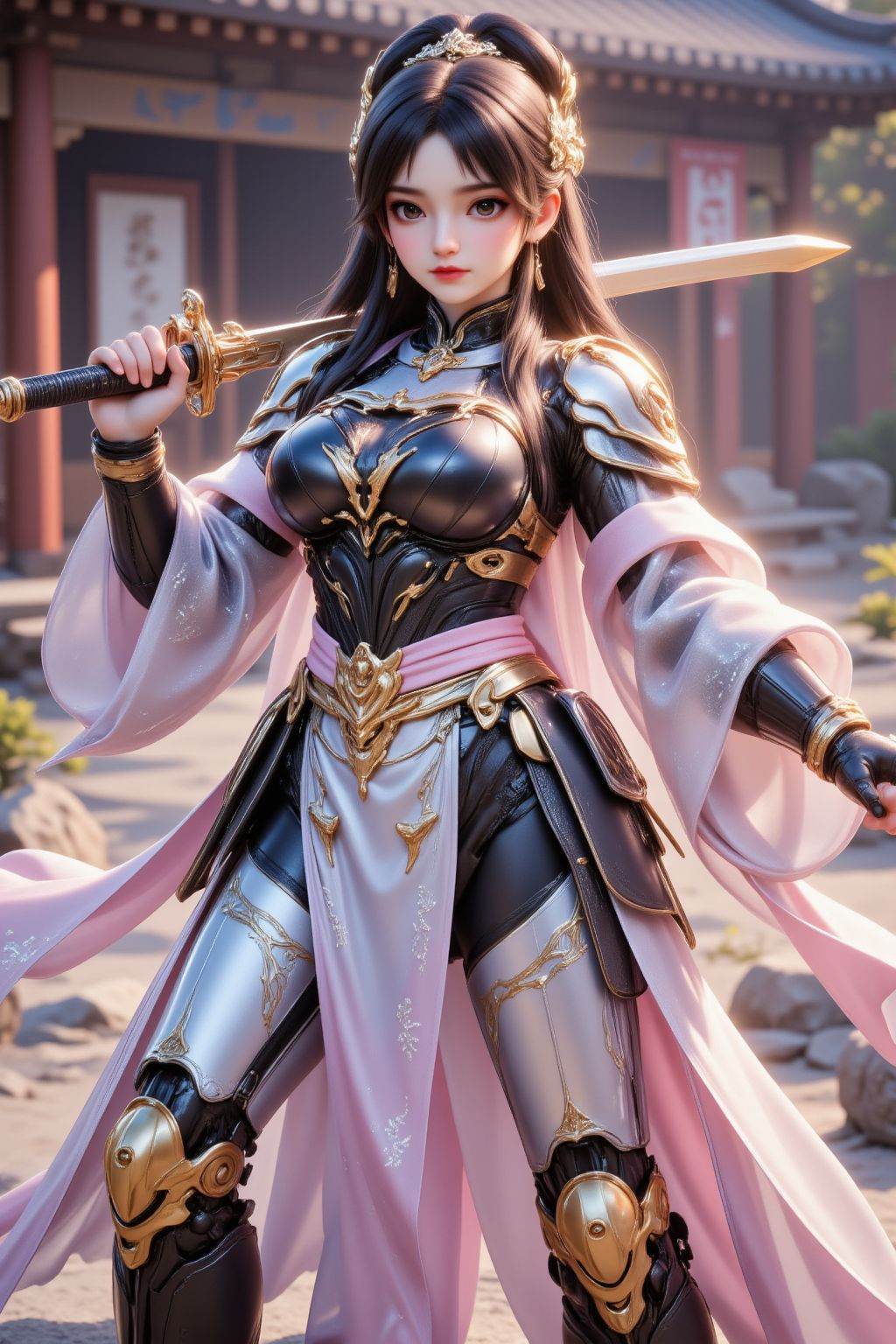 a teenage girl with fair skin and long black hair,  fighting pose,  large breasts on Tensor.Art