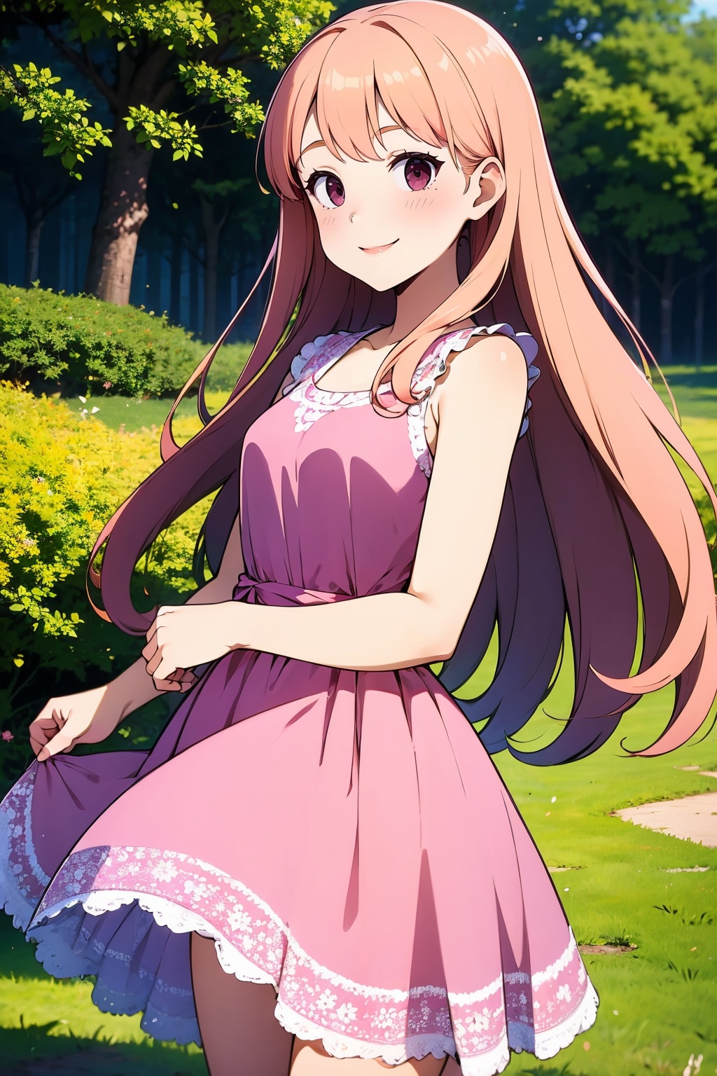 1girl, solo, tree, outdoors, dress, long hair, smile, looking at viewer, pink dress, blush, black eyes,