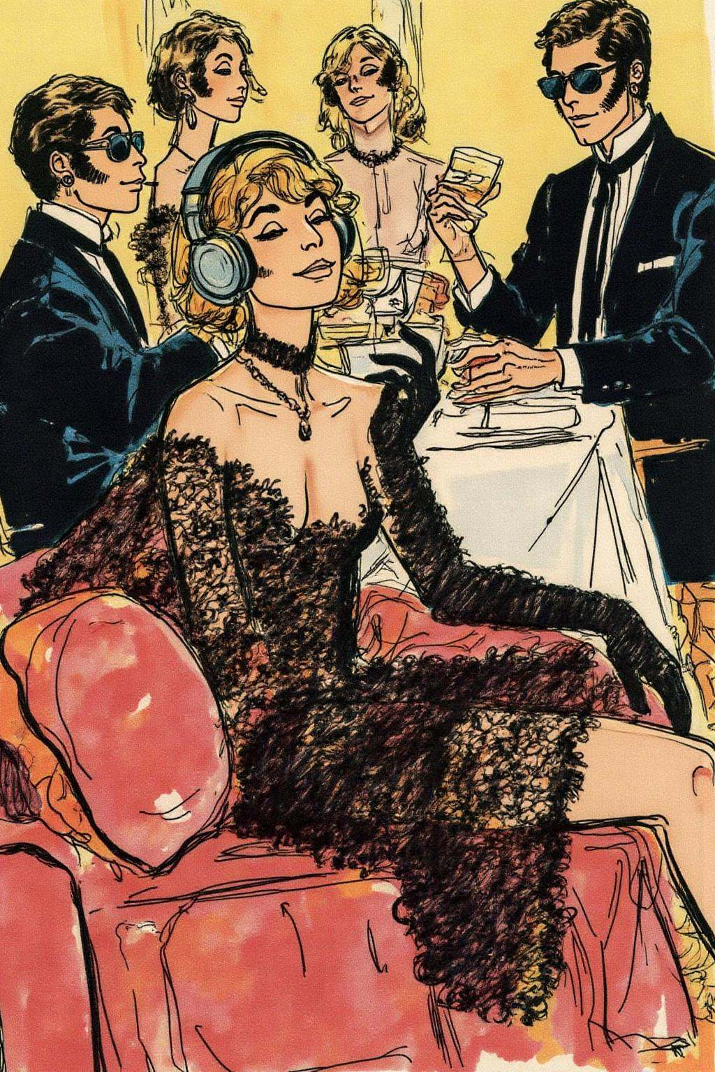 hugop1 illustration. A stylish young woman in a lace dress,  wearing oversized headphones,  lounges on a plush velvet couc...