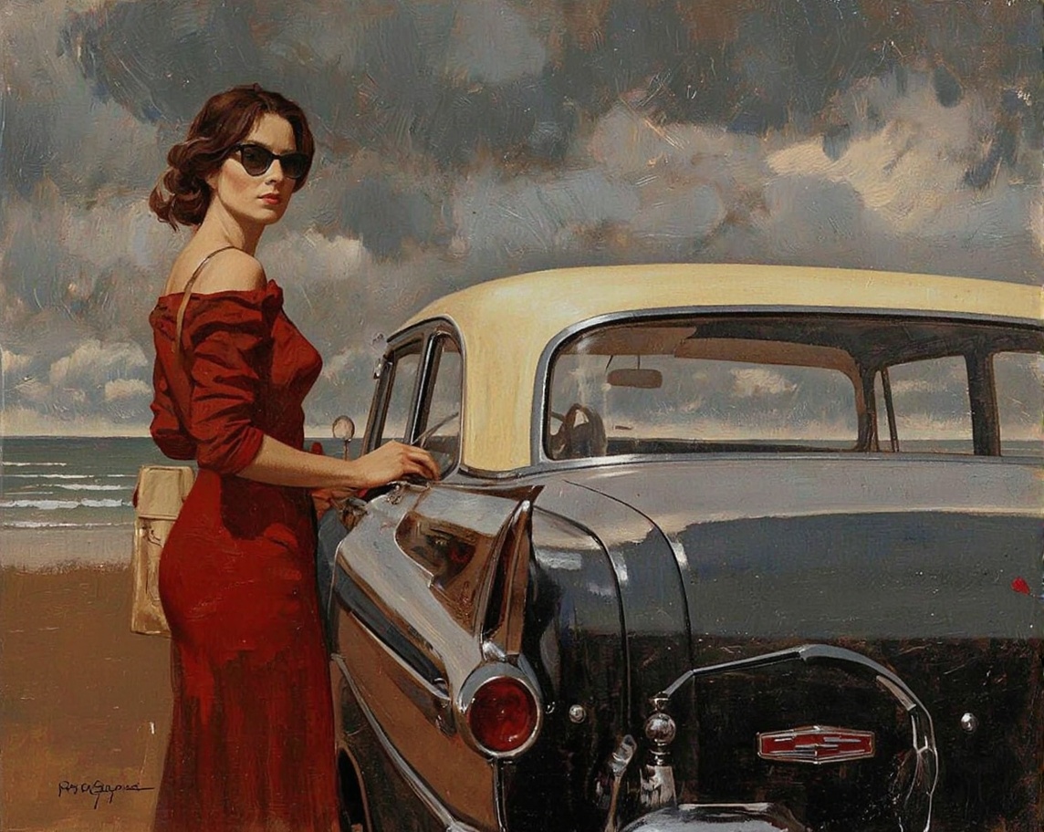 RobGin style. A painting of a woman in a red dress standing next to a vintage car on a beach,  with a cloudy sky and ocean...